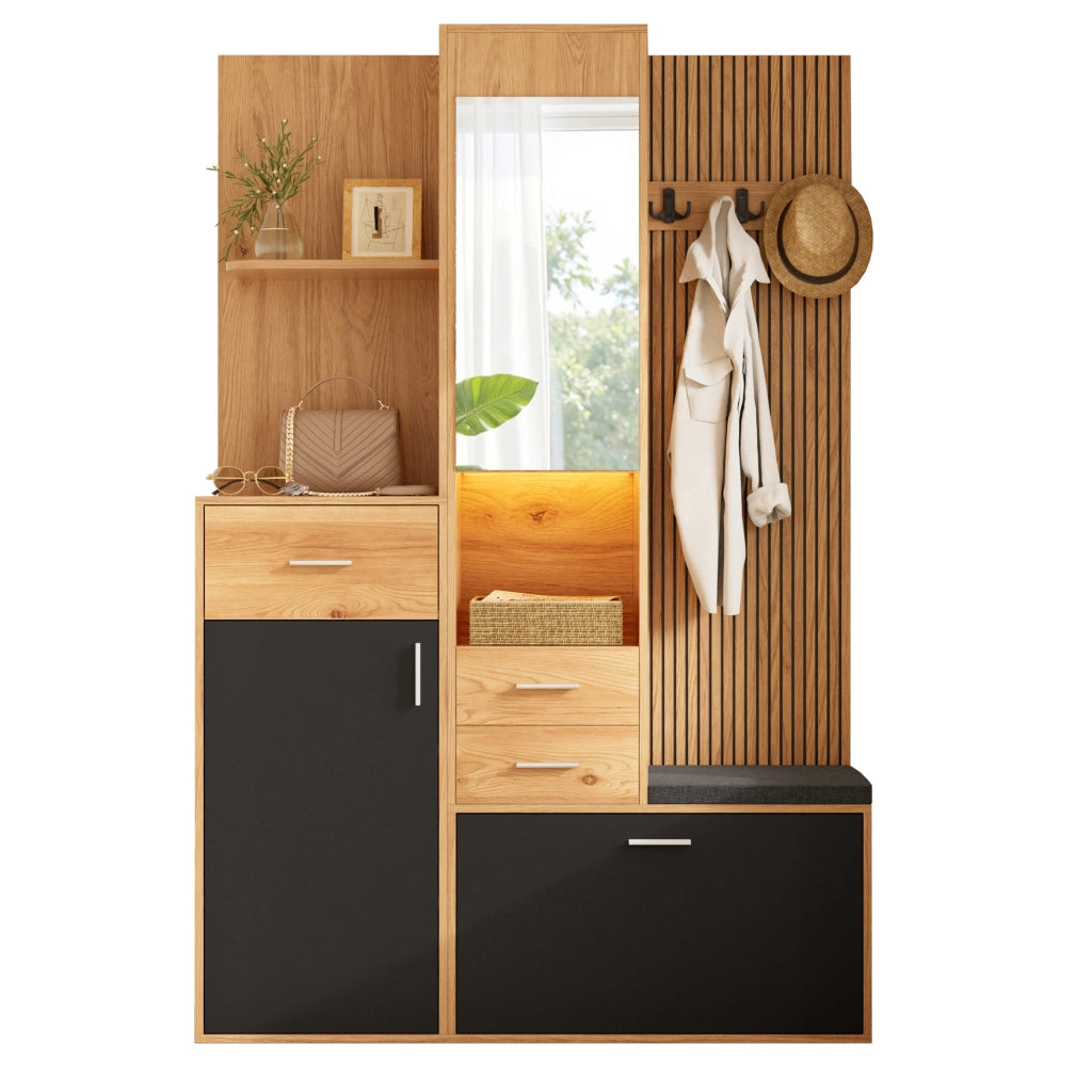 Mobile ingresso multifunzione con specchio; panca; 1 anta; cassetti; vano scarpe a ribalta e LED; per ingresso; 120 × 32 × 178 cm