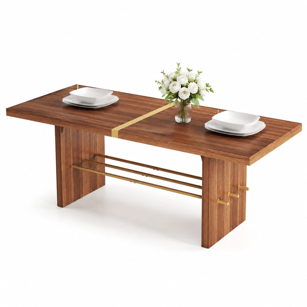 Tavolo da pranzo 180x75 cm per 6-8 persone; in MDF effetto noce con dettagli oro