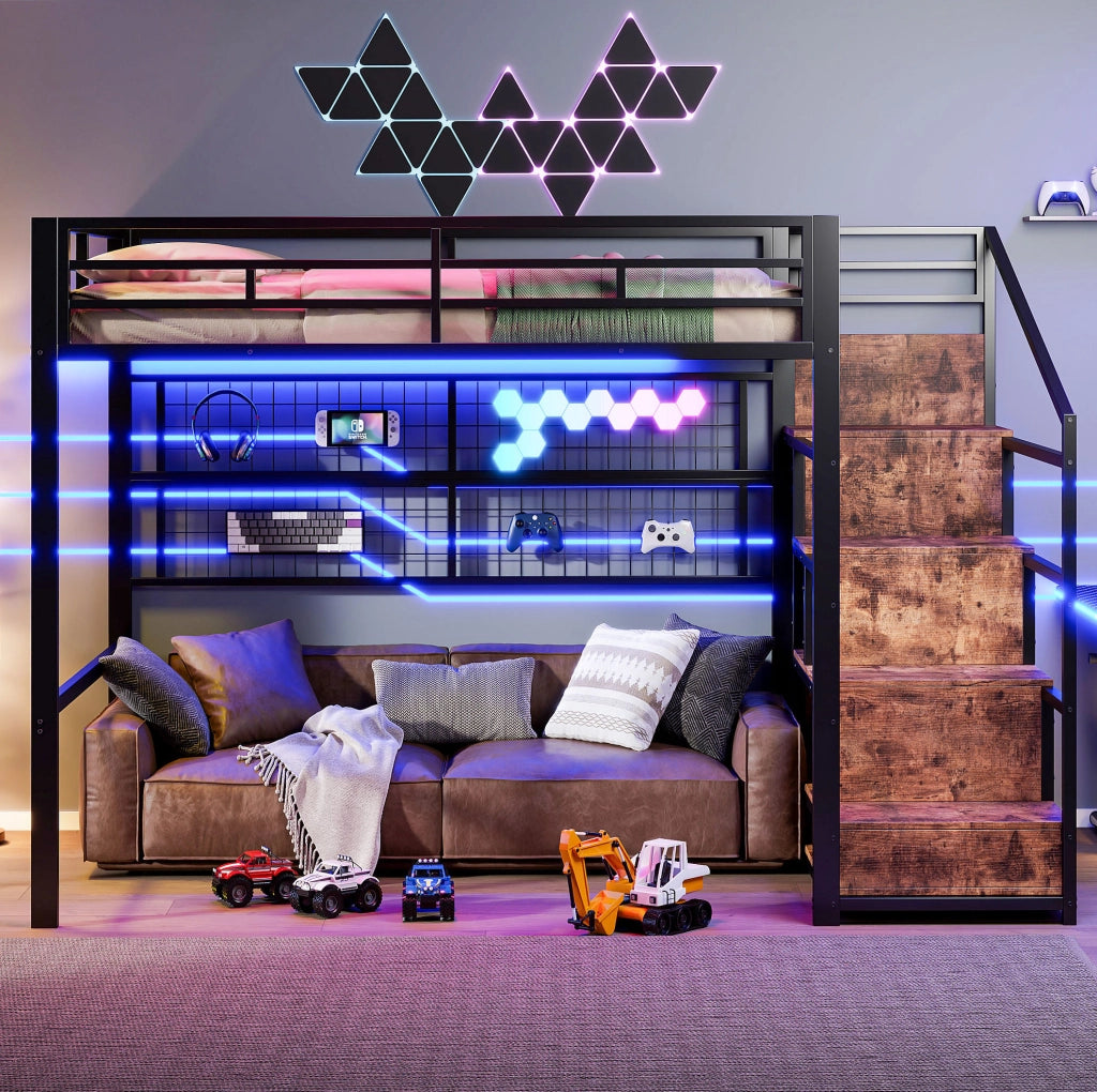 Letto a soppalco 140x200 cm con armadio e LED, nero