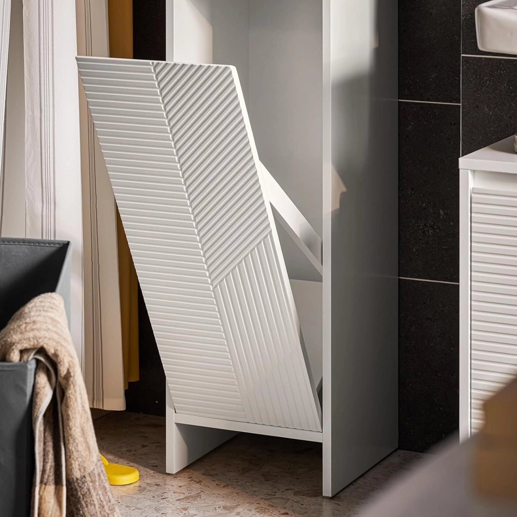 Mobiletto Bagno Salvaspazio con Cesto Portabiancheria – Mobile Bagno Bianco 30x30x87 cm con Anta a Ribalta, Armadietto Bagno Moderno per Bagni Piccoli, WC o Lavanderie BZR154-W
