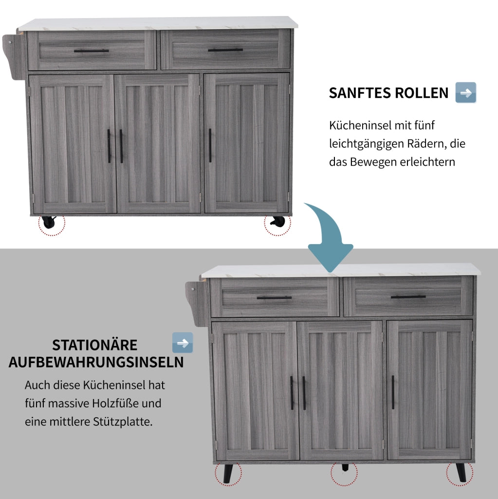 Carrello da cucina estensibile con ruote e vani, grigio/bianco