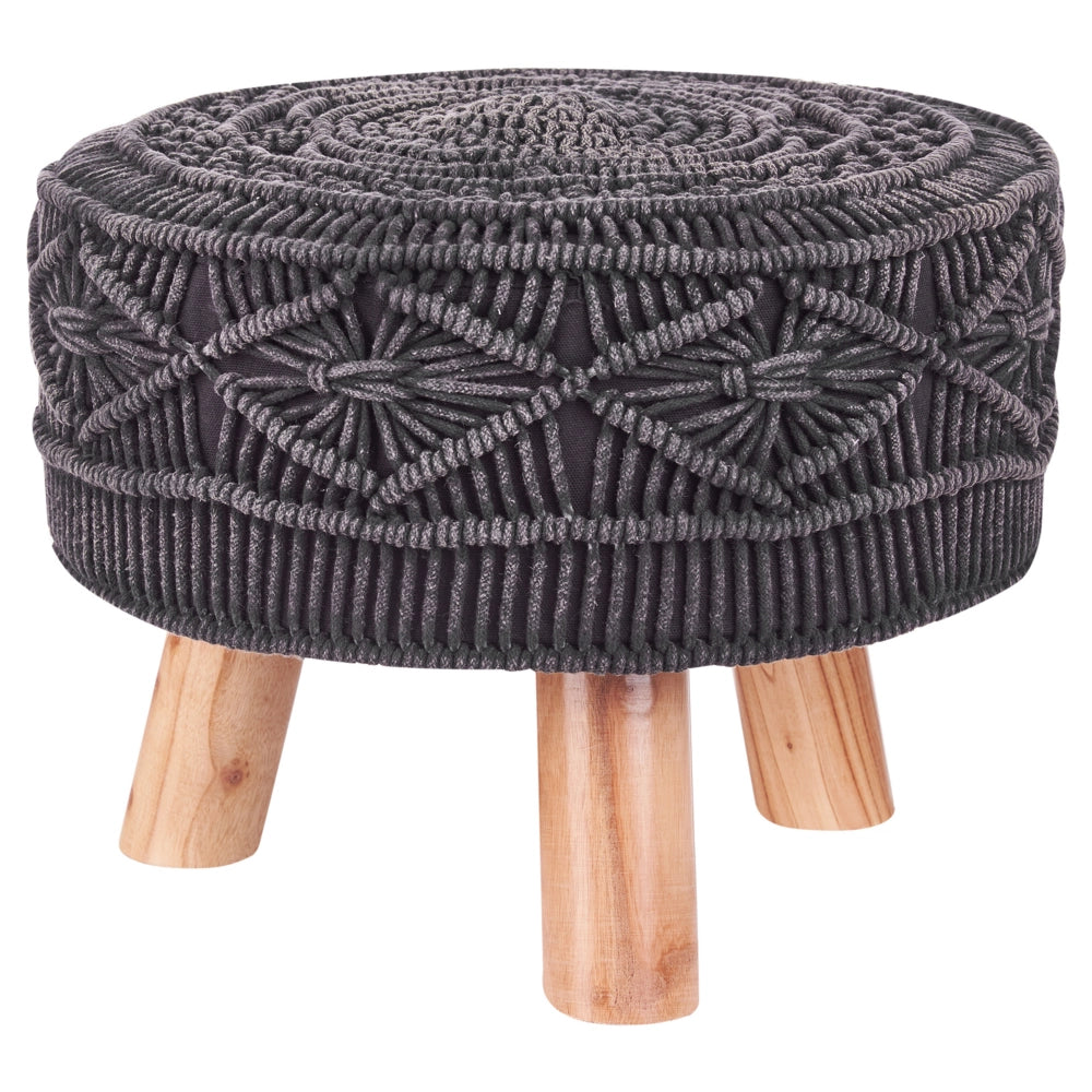 Poggiapiedi in cotone grigio grafite con gambe in legno motivo orientale lavorato a maglia rustico
