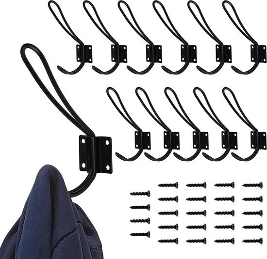 Hanger da parete in metallo con viti - 12 pezzi - Nero - Ideale per abbigliamento, cappelli, sciarpe e asciugamani - Per bagno, camera da letto, cucina