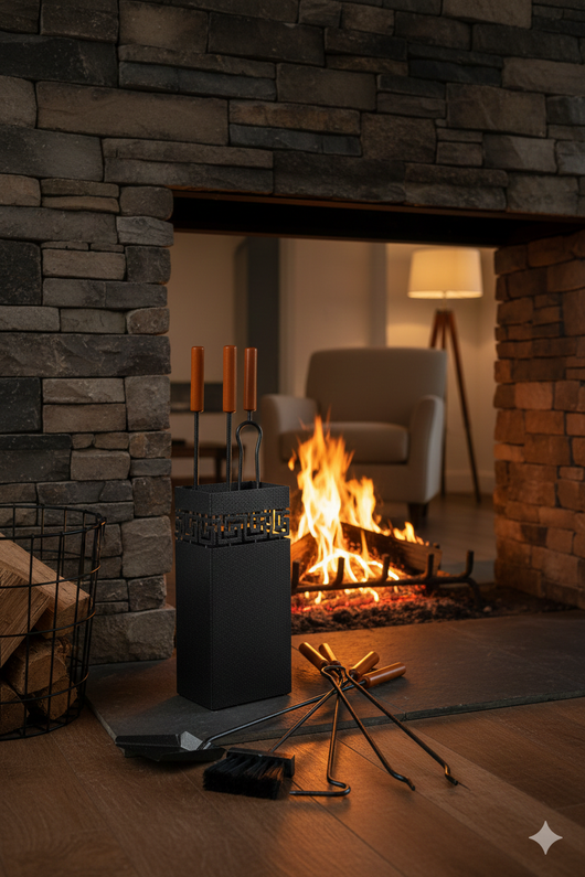 Trespolo per Attrezzi Camino Rettangolare Sagoma Greca con Paletta Scopino Attizzino e Pinza 17,5x12,5x62 cm in Ferro