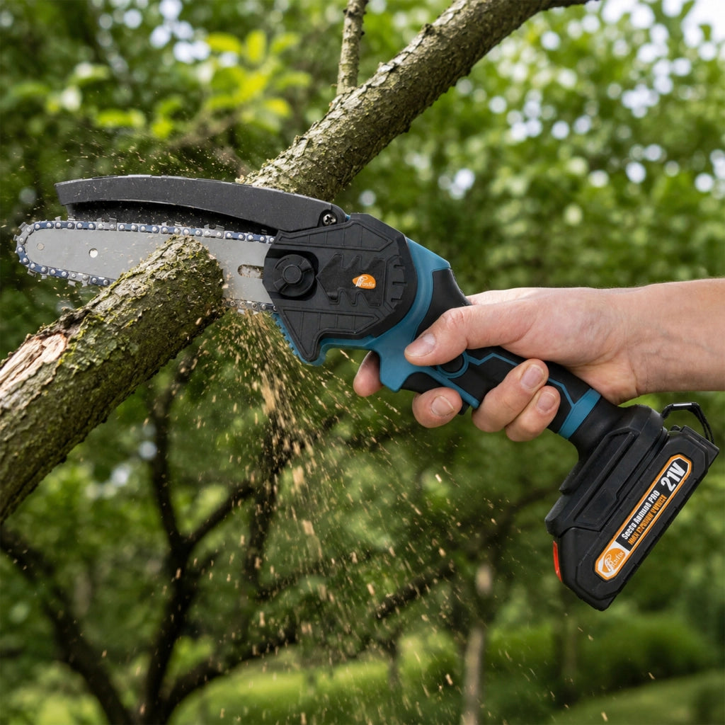 Motosega a Batteria Rosfix Blue Piranhia GP21V – 21V, 2 Batterie, 1200W | Taglio Rami e Legno, Lavori Giardinaggio