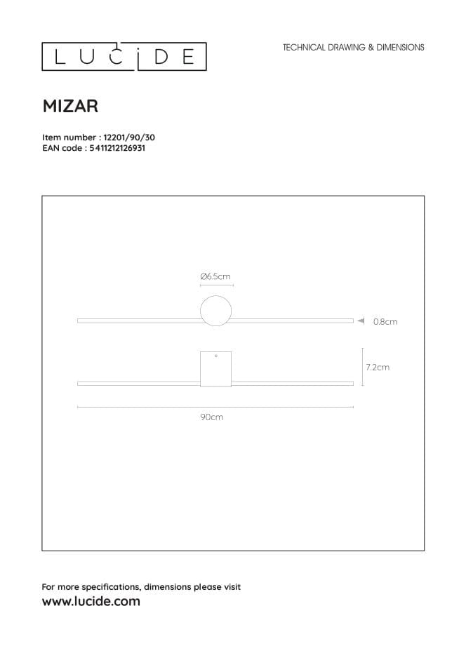 Lucide Mizar applique LED 10W 2700K nera IP44 90cm alluminio