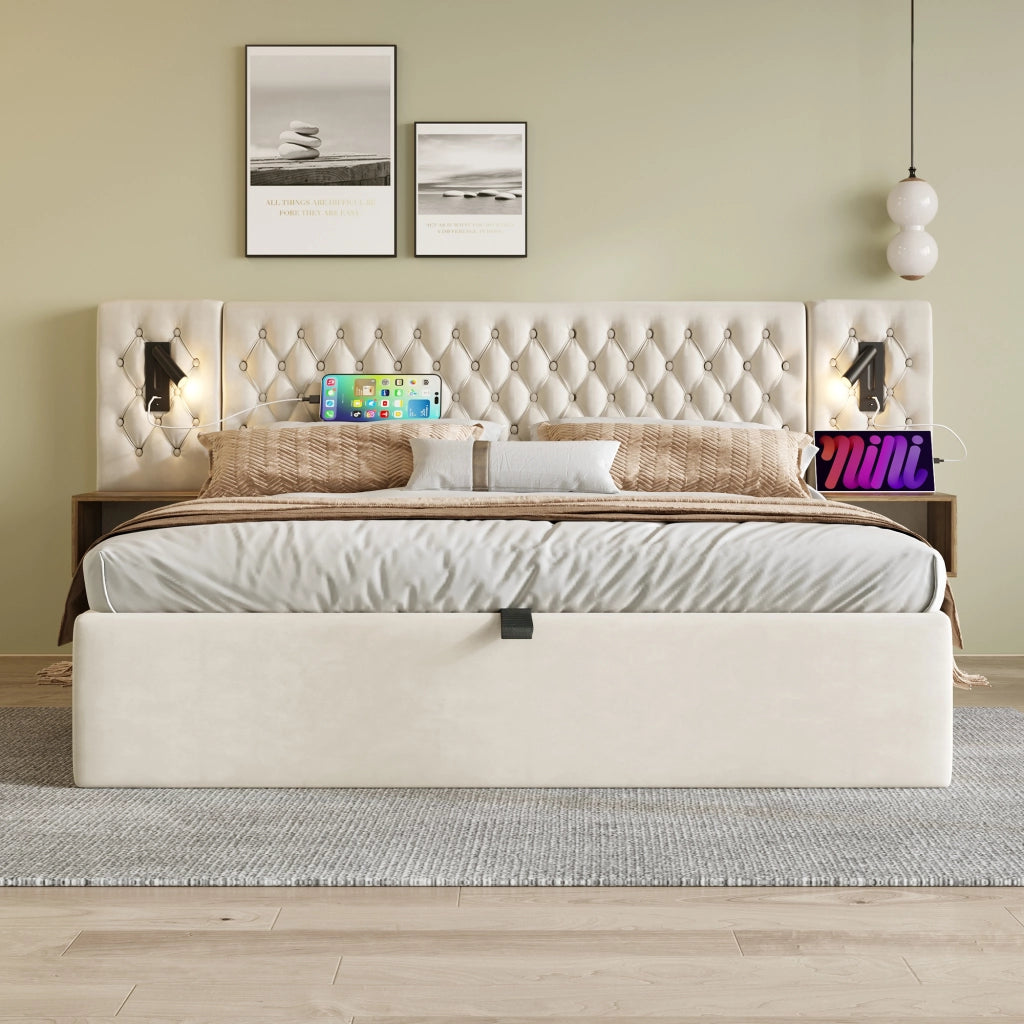 Letto Contenitore 160 x 200 cm; Letto Matrimoniale con 2 Comodini; USB-C e Luci da Lettura; senza Materasso; Beige