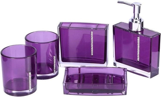 Set accessori da bagno acrilico 5 pezzi con flacone di bagnoschiuma, contenitore per spazzola da denti, tazza per spazzola da denti, contenitore per sapone - blu scuro.