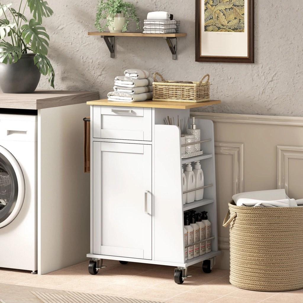 Carrello da Cucina 62x40x87 cm con Cassetto Armadietto Portasciugamani e 3 Portaspezie in Legno Bianco
