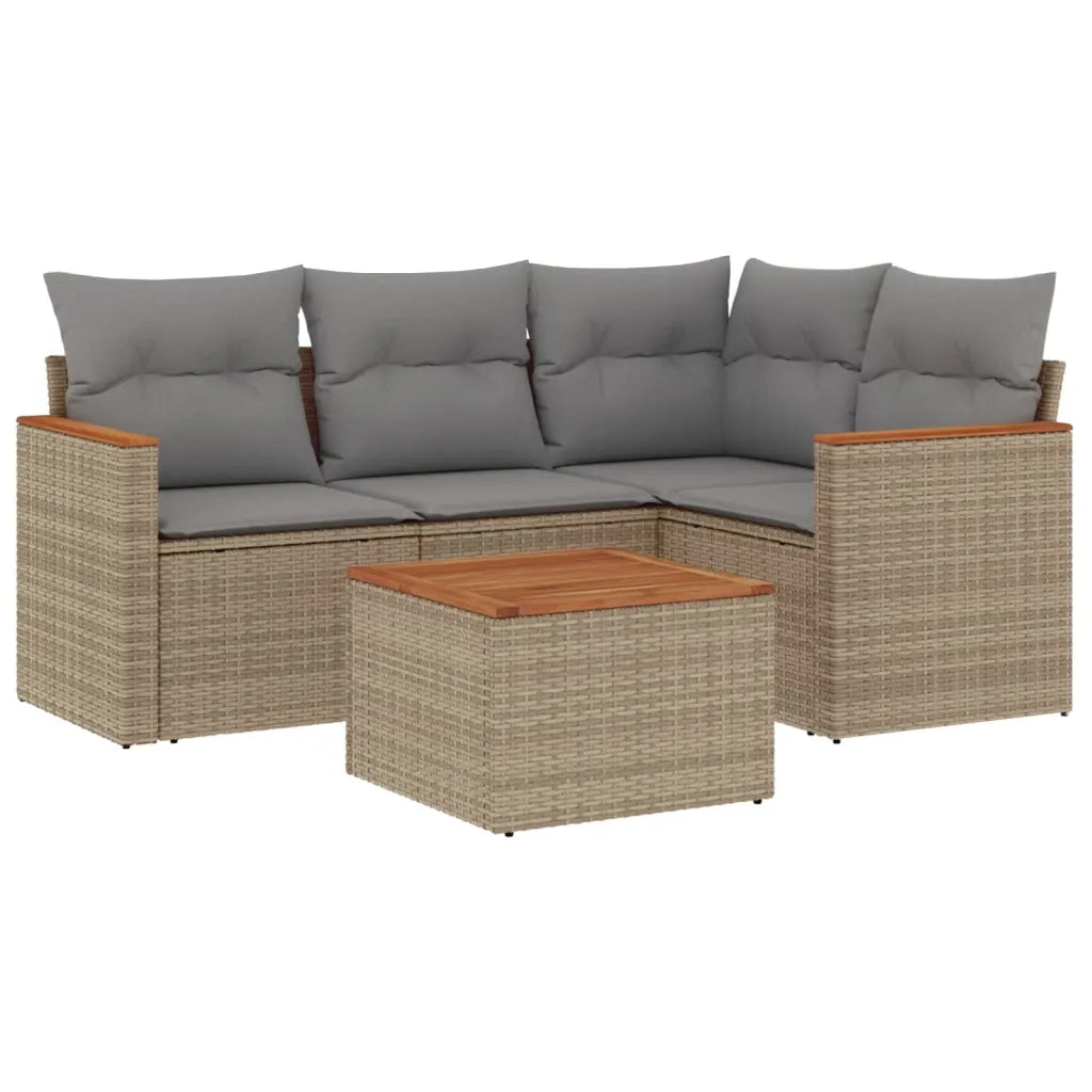 Set Divano da Giardino 5 pz con Cuscini Beige in Polyrattan