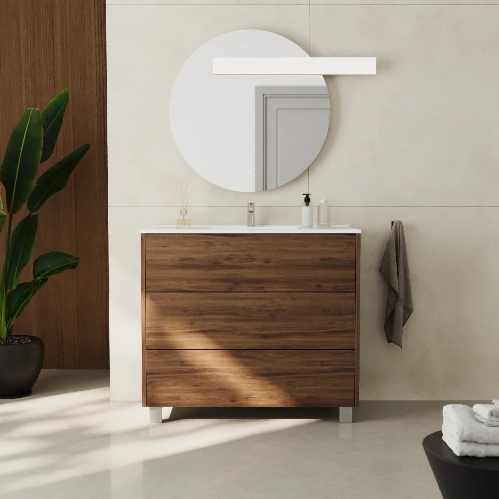 Mobile bagno a terra 100cm  tre cassetti push&pull rovere barok con lavabo bianco lucido | Yaku
