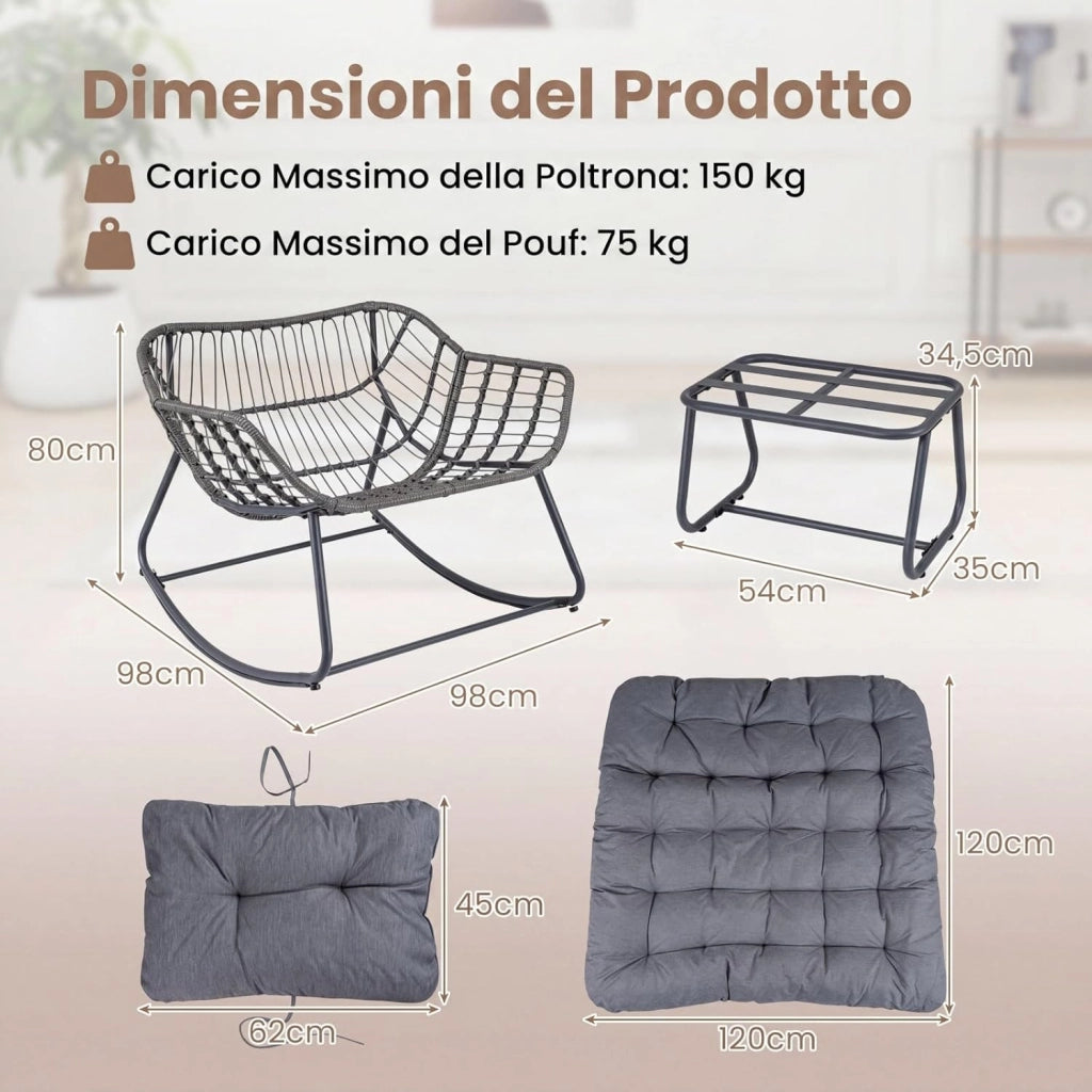 Sedia a Dondolo da Interno ed Esterno, Poltrona a Dondolo con Poggiapiedi e Cuscini Rimovibili, Poltrona Relax in Rattan con Telaio in Metallo per Soggiorno e Giardino, Portata 150 kg (Grigio)