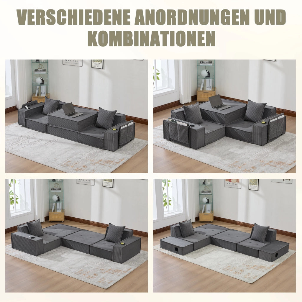 Fauteuil pouf modulare con tasche laterali e cuscini, seduta ergonomica per relax in velluto a coste grigio scuro