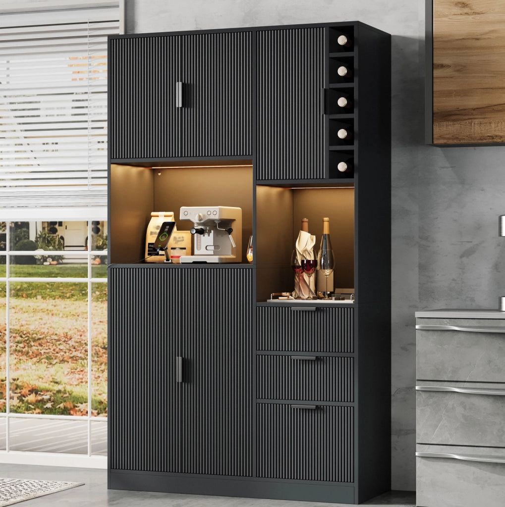 Mobile da cucina 105x40x180 cm con 3 cassetti; LED multicolore e prese USB-C; nero