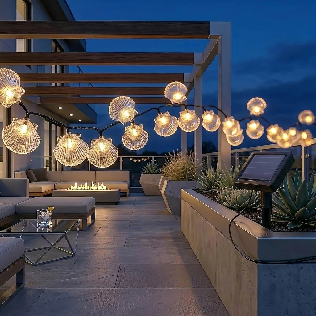 Ghirlanda Luminosa Solare LED 5,8 m con 20 Conchiglie Decorative, Luce Calda, IP65 Impermeabile, Pannello Solare con Picchetto, Luci da Esterno per Giardino Terrazzo Balcone