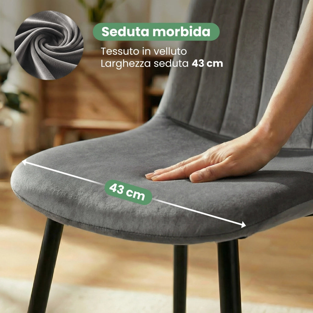 Sedia in velluto trapuntata LUMO Grafite Scuro gambe nere