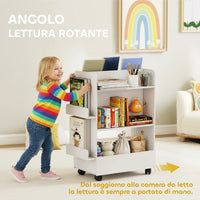 Libreria per Bambini 3-8 Anni  Scaffalea Due Lati Portagiochi con Ruote e Lavagna Nera in MDF Bianco
