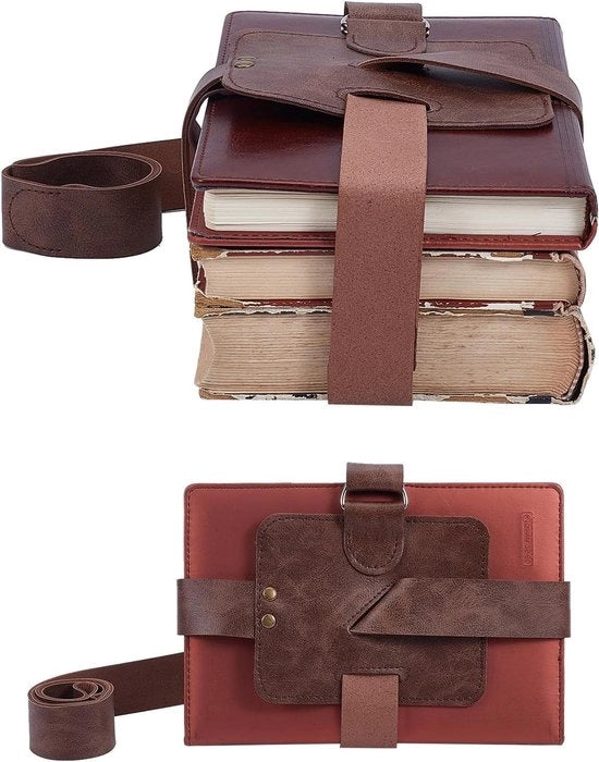 Supporto per libri pieghevole - Cinturino in pelle per libri - Manufatto artigianale - Design Steampunk - Ideale per appassionati di lettura - Dimensioni 10,2 x 12,7 x 134,6 cm