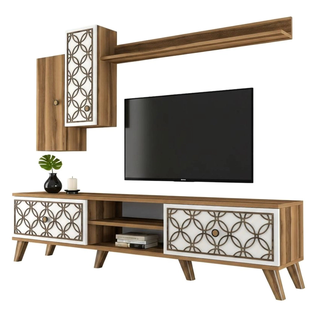 Mobile porta TV Nunzia, Credenza da soggiorno, Armadio basso per TV, Base parete attrezzata, 180x35h44 cm, Noce e Bianco