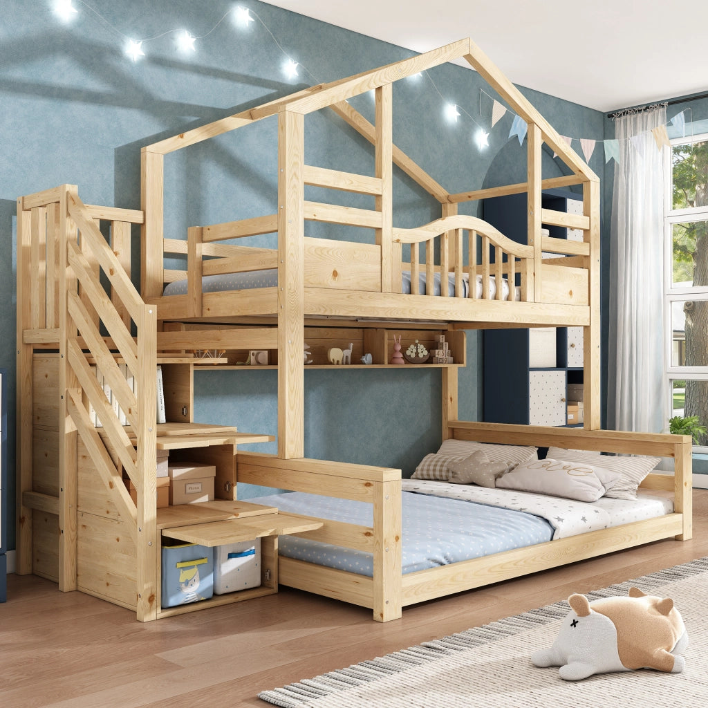 LETTO a castello con scaletta-armadio 90x200/140x200 cm Legno Naturale