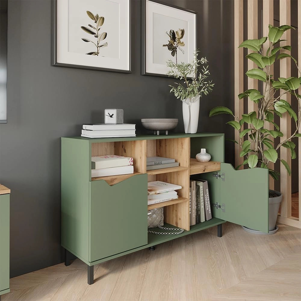 Credenza Marelle, Verde/Artigianale, 120 x 81.3 cm con 2 porte, per la conservazione di abiti, libri o oggetti domestici
