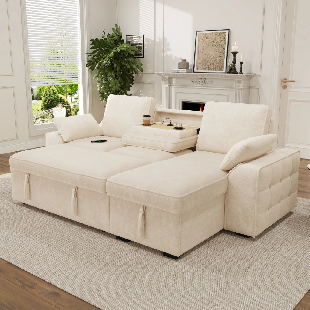 Divano angolare 3 posti con funzione letto; contenitore; tavolino integrato; USB e portabicchieri in chenille beige