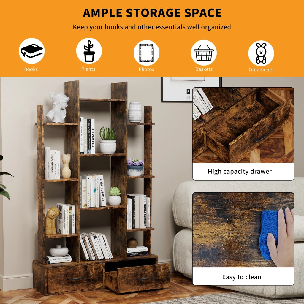 Libreria a giorno con 12 vani aperti e 2 cassetti design ad albero per soggiorno e studio in legno e metallo
