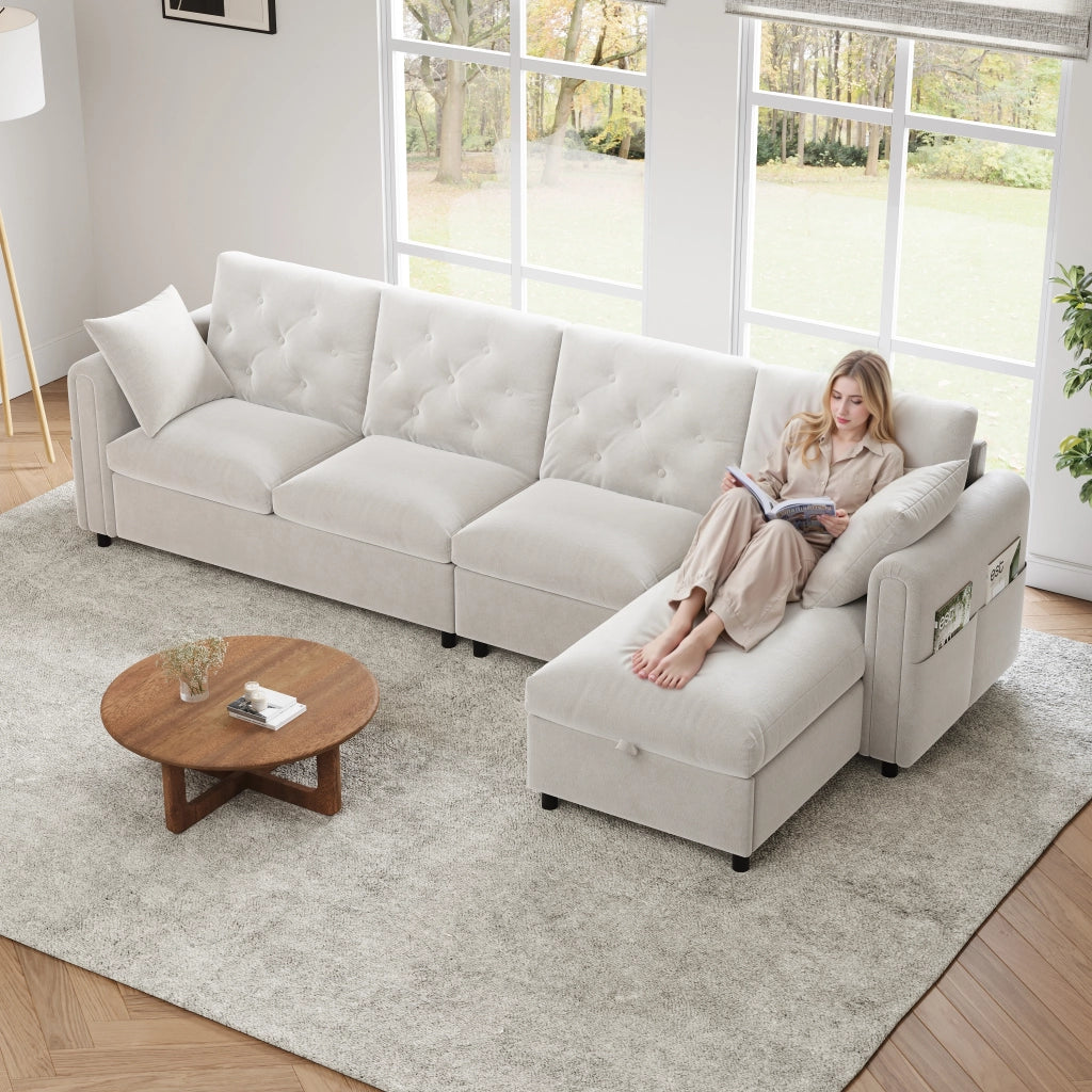 Divano angolare letto con contenitore e tasche laterali in velluto beige