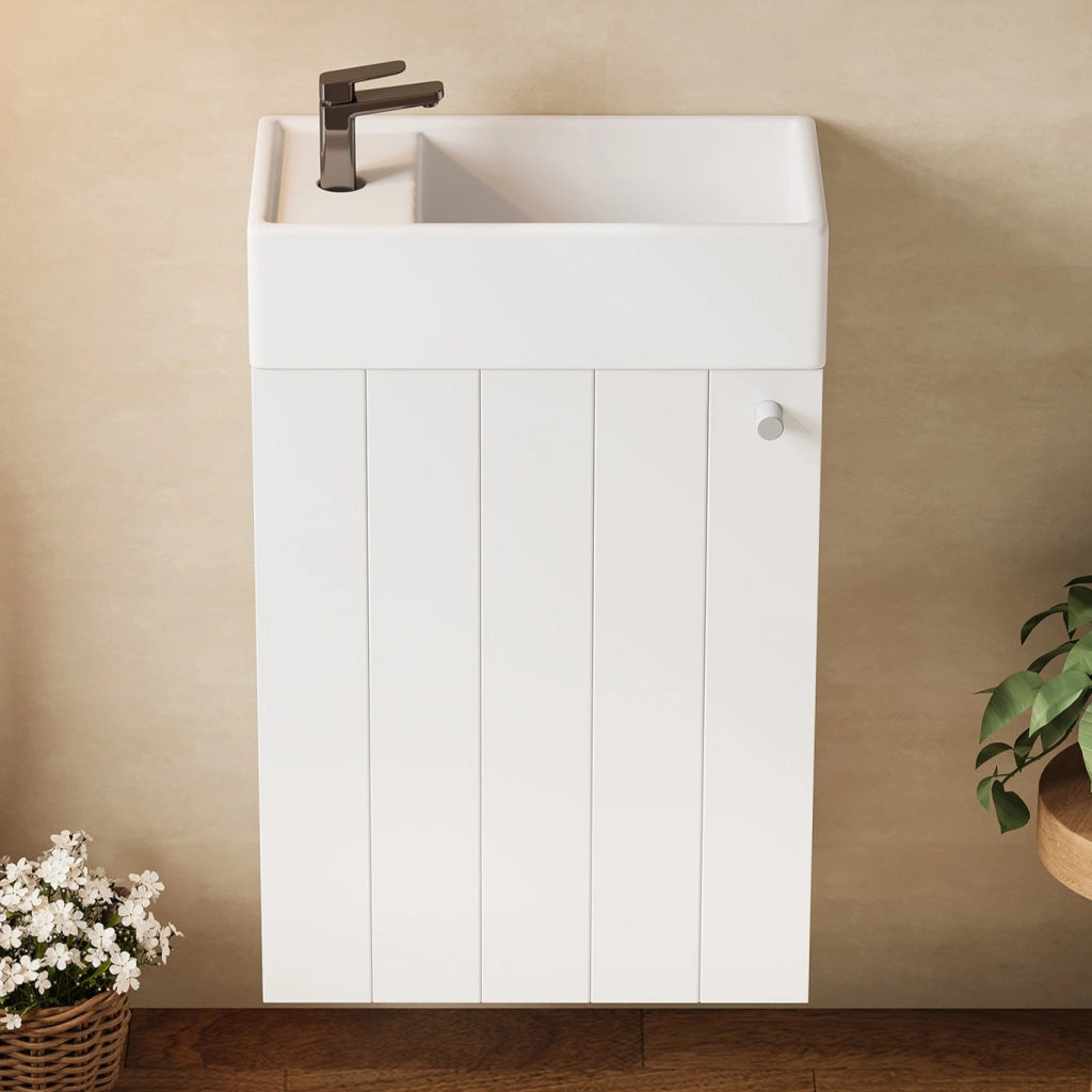 Mobile sottolavabo sospeso da bagno con 1 anta e chiusura soft-close, in MDF e ceramica, bianco, 41 × 23 × 62,5 cm