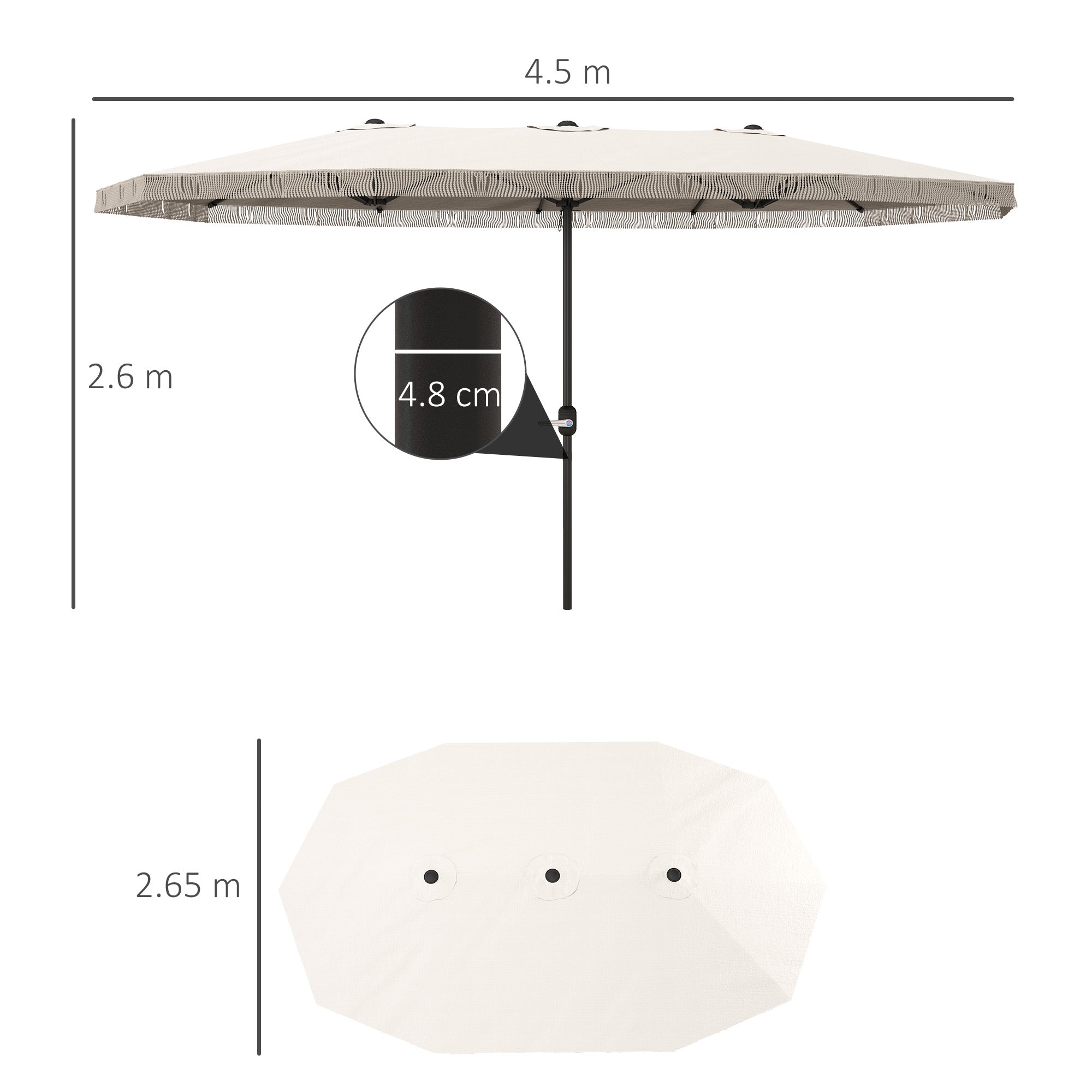 Ombrellone Doppio a 12 Stecche 450x265x260 cm in Acciaio e Poliestere Bianco Crema