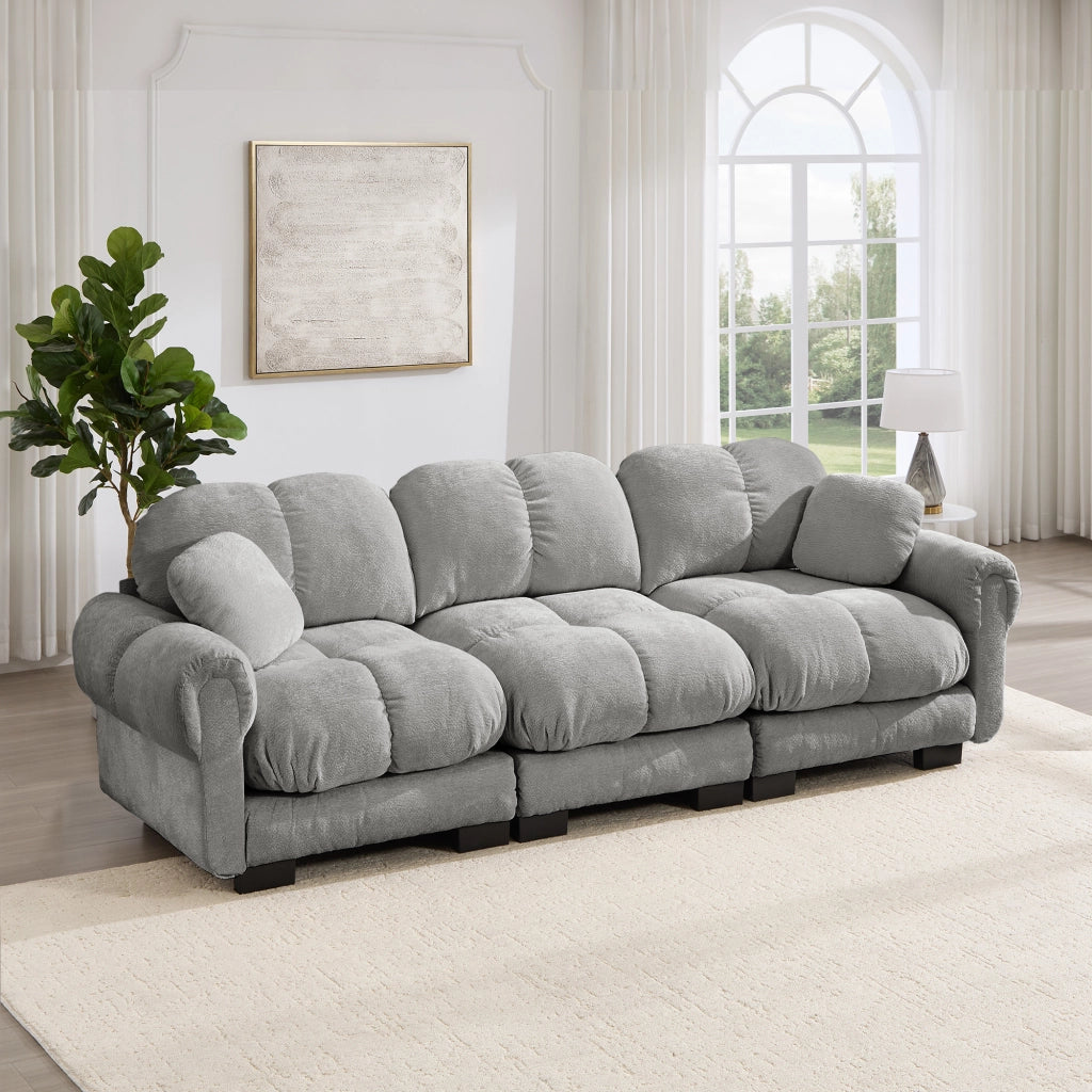 Canapé modulare con seduta imbottita e cuscino decorativo in tessuto chenille grigio chiaro 260 × 86 × 90 cm