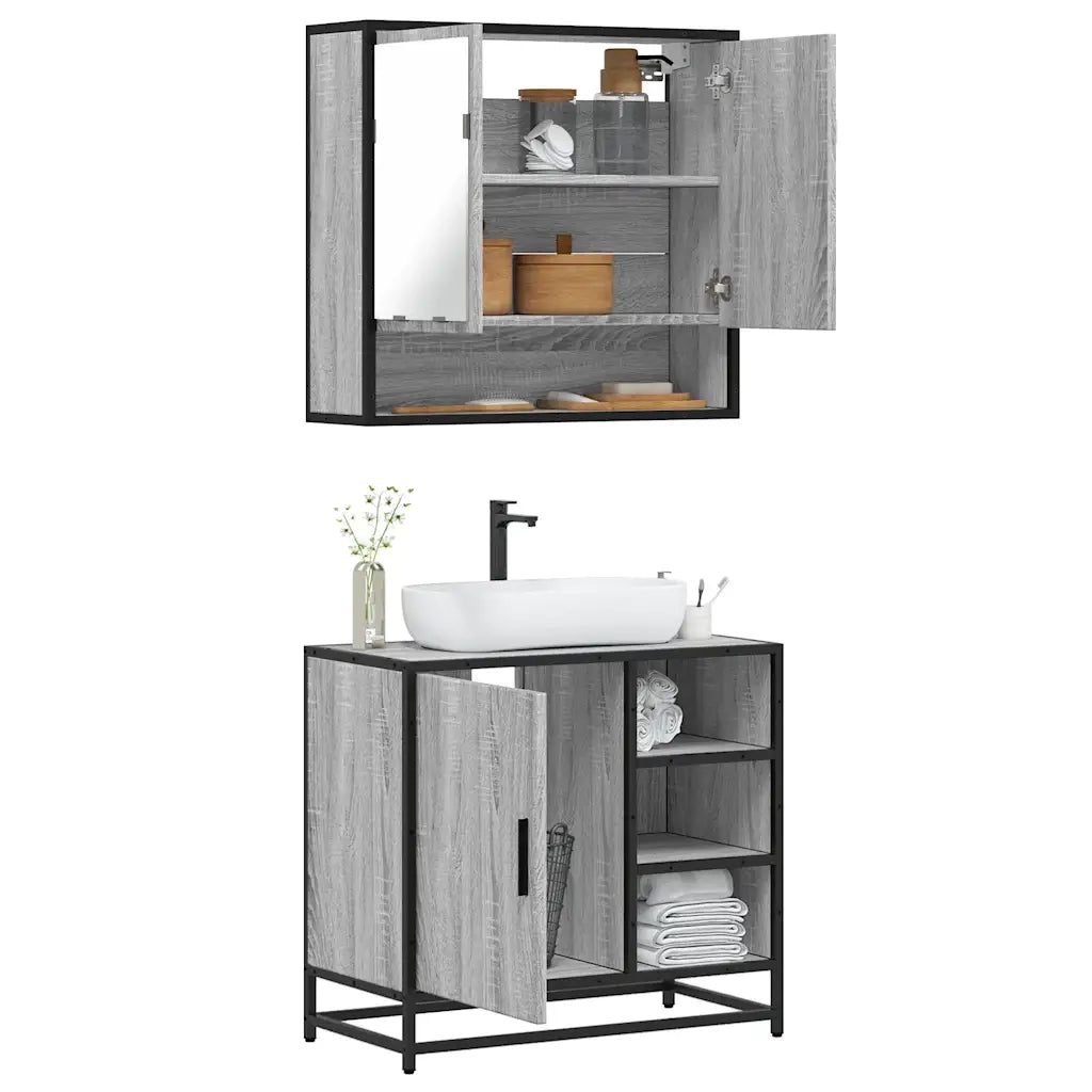 Set Mobili da Bagno | Armadio da bagno 2 pz Grigio Sonoma in Legno Multistrato