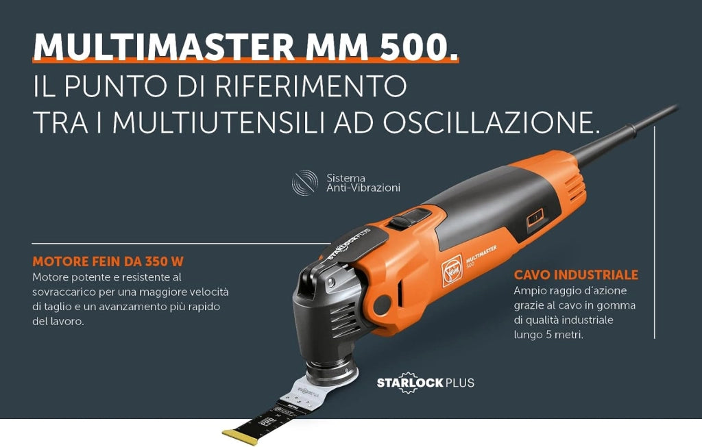 Multimaster MM 500 Plus Top, il potente utensile multifunzione con 30 accessori, Motore FEIN da 350 W, Sistema antivibrazioni, Attacco Portautensile StarlockPlus, Sistema di serraggio rapido