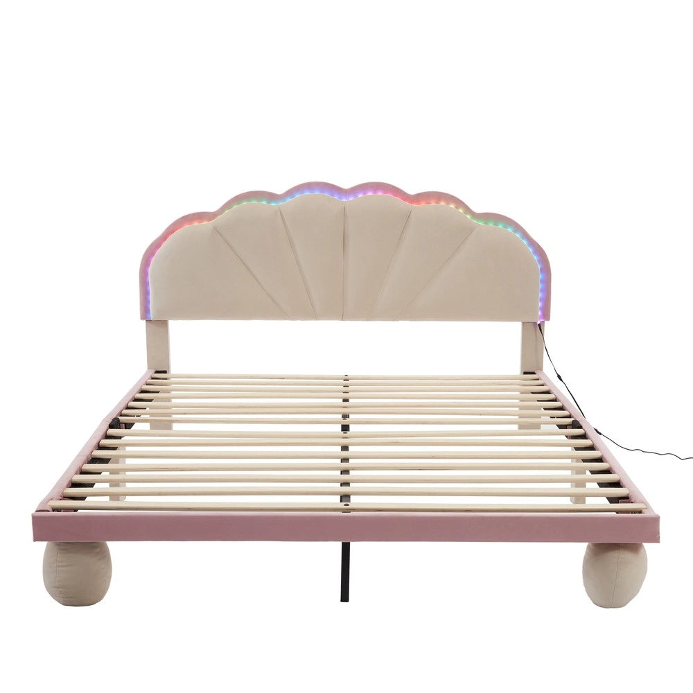 Letto Imbottito con LED Baldacchino ¨C MINIMAL ¨C Velluto Beige Rosa 140x200