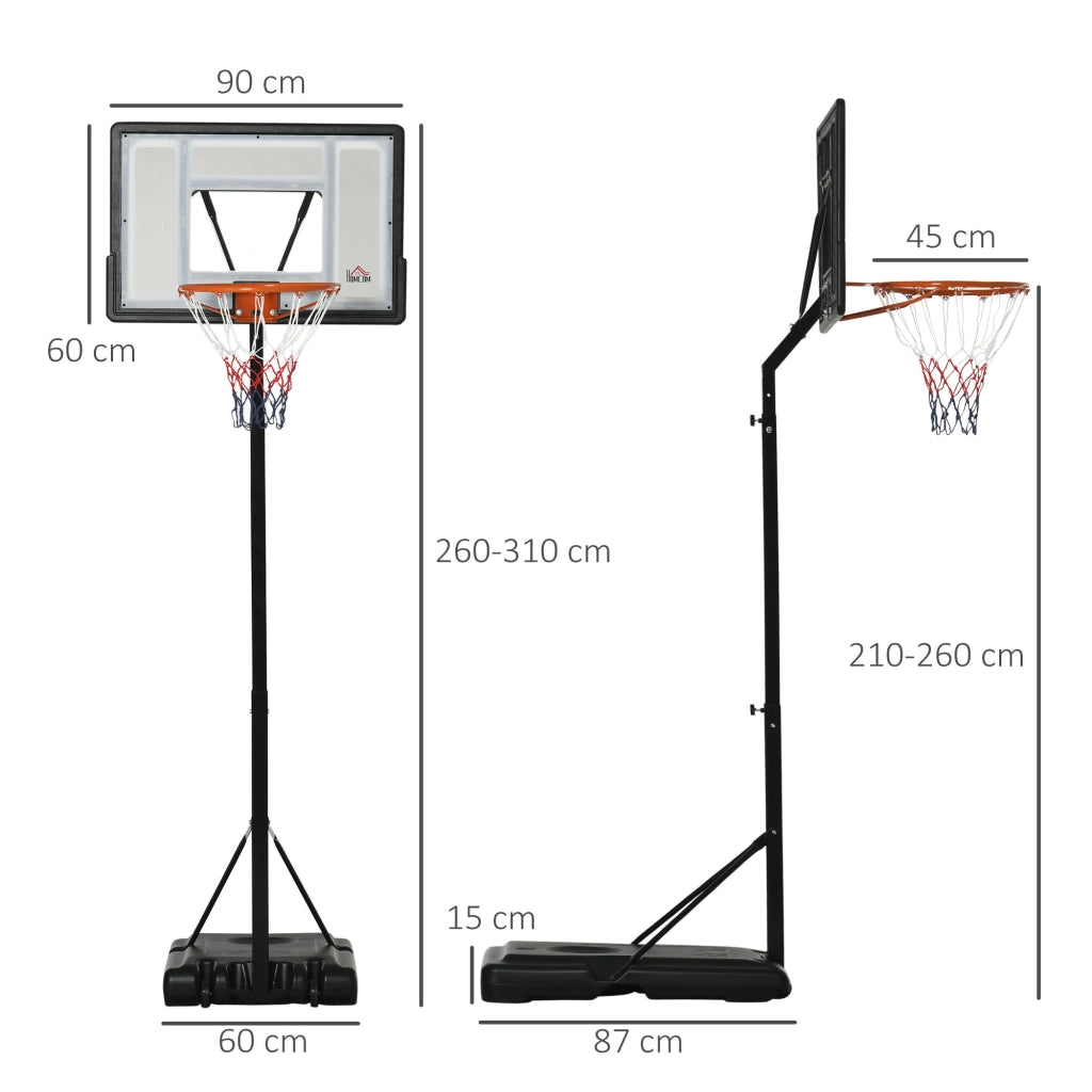 Canestro da basket regolabile in altezza (260-310 cm) con ruote e base stabile per giardino e campo sportivo.