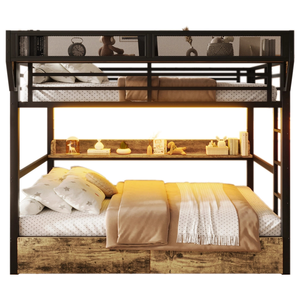 Letto a Castello 140x200 cm; Regale; 2 Cassetti; LED e Cestino; in MDF e Metallo; Nero