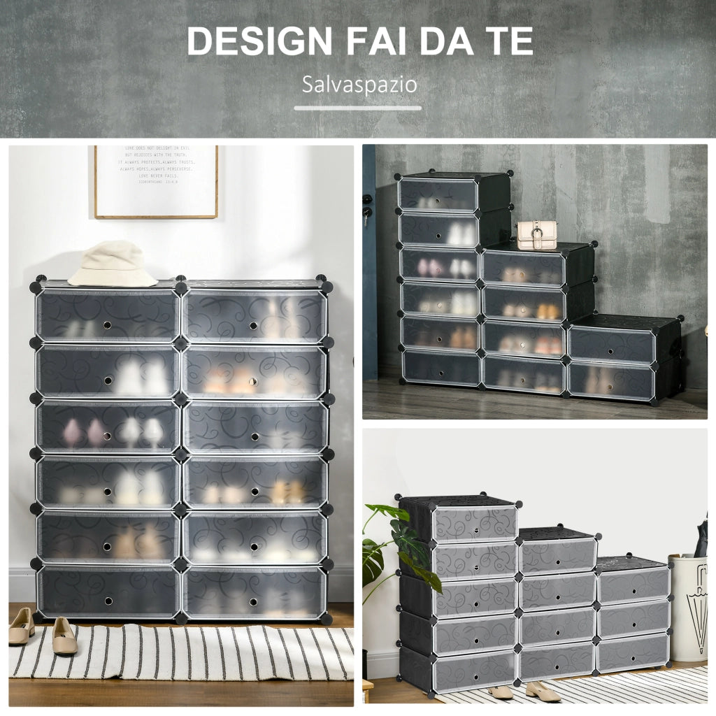 Mobile Scarpiera Modulare Salvaspazio, 12 Cubi 45x35x16 cm in Acciaio e PP, Nero e Bianco