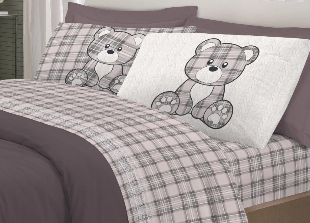 Completo Lenzuola Flanella Pensieri Delicati 100% Cotone Disegno Orsetto Tartan - Piazza E Mezza - Grigio