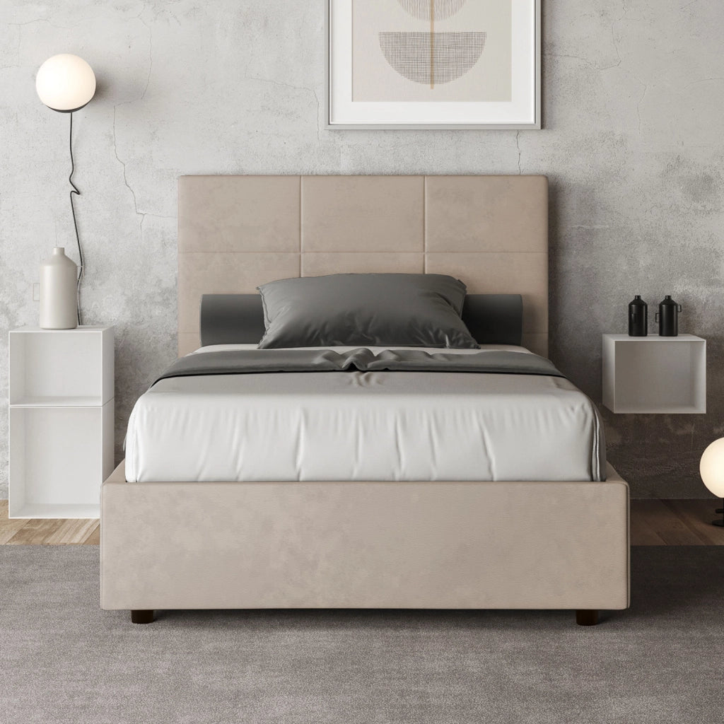 BS COM Letto una piazza e mezza senza rete imbottito 120x190 microfibra sabbia