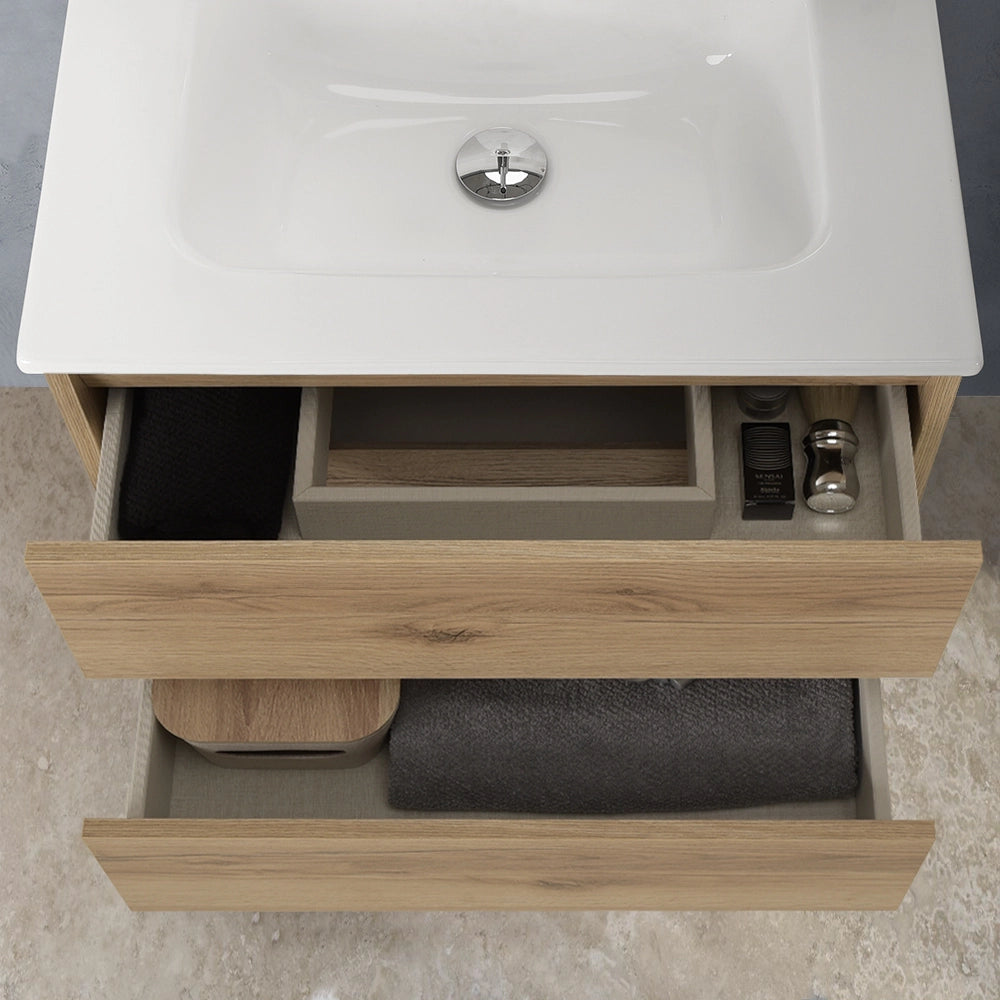 Mobile bagno sospeso 60cm in legno quercia naturale 2 cassettoni con lavabo e specchio Leda