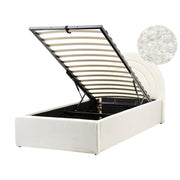 Letto singolo con testiera semicircolare in bouclé 90x200 cm base a doghe Testiera a Mezza Luna con contenitore