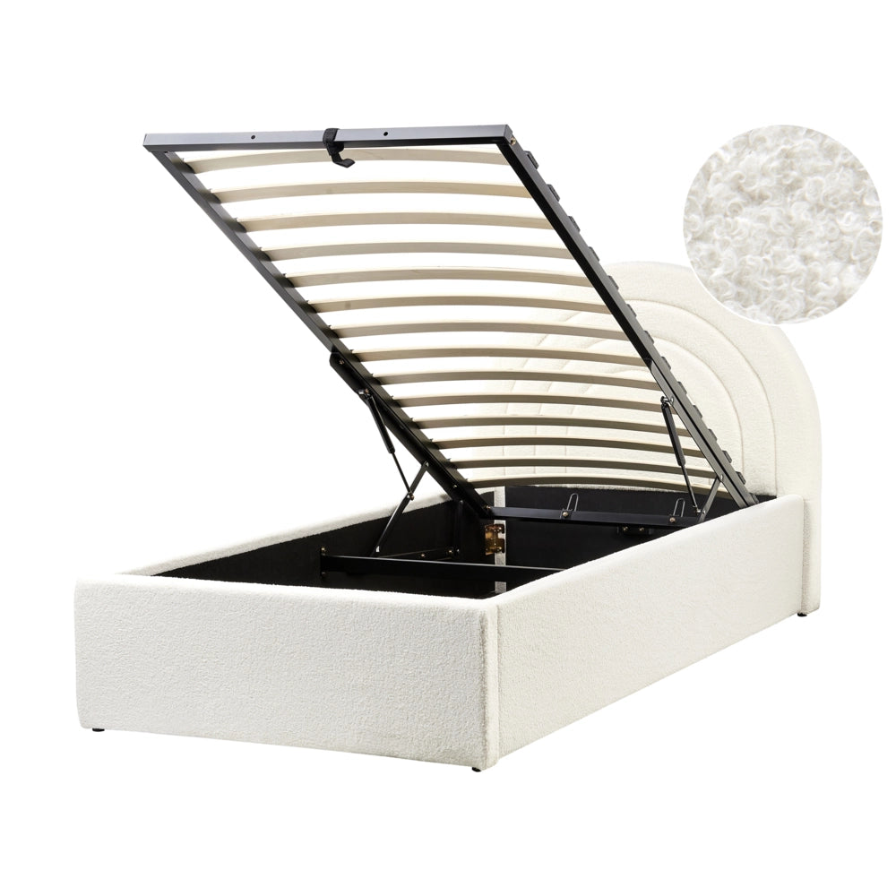 Letto singolo con testiera semicircolare in bouclé 90x200 cm base a doghe Testiera a Mezza Luna con contenitore