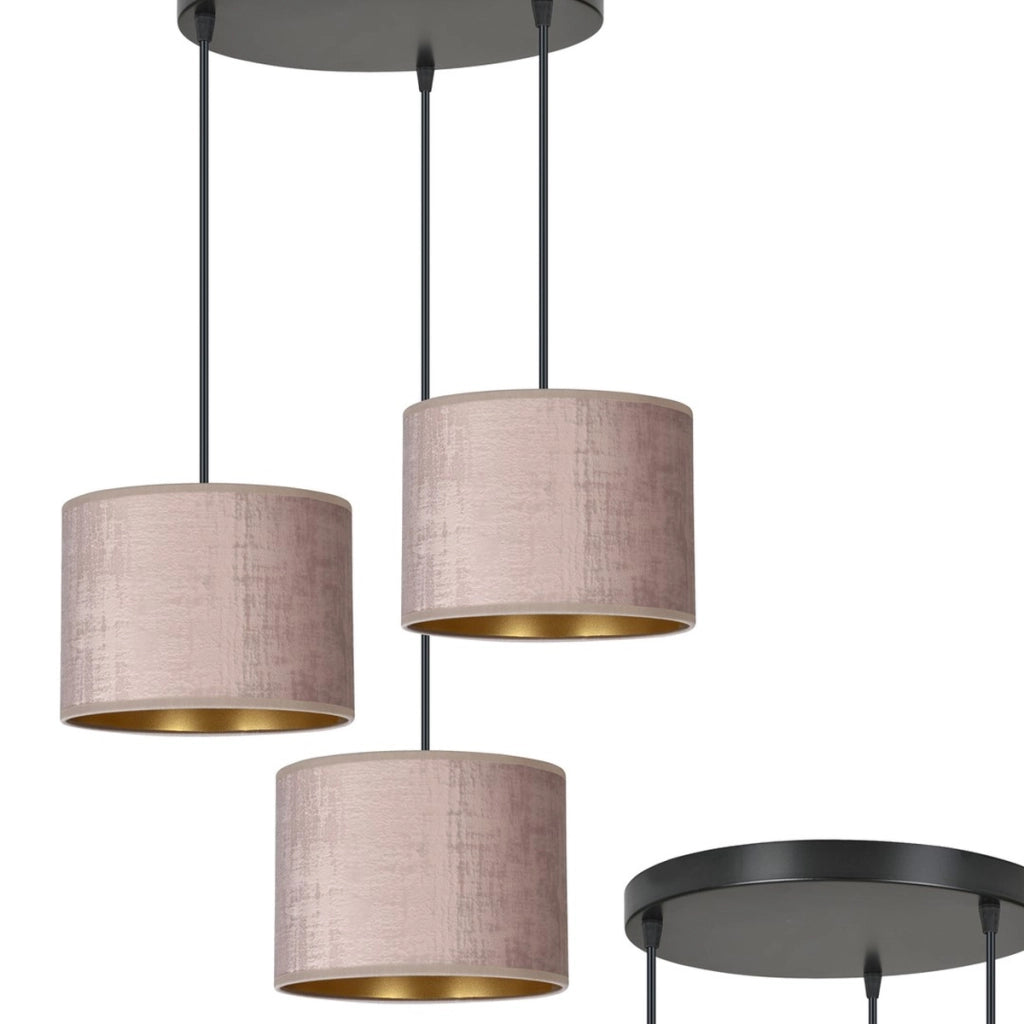 Set di lampade a sospensione Hilde in acciaio e velluto rosa