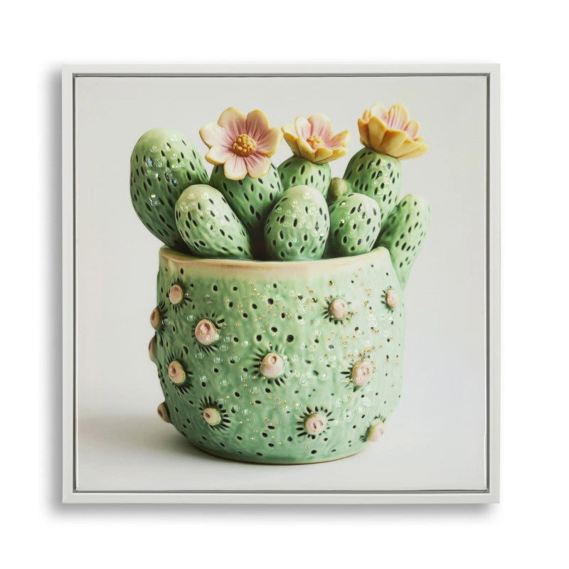 Stampa Su Tela Laccata Con Cornice Vasetto Cactus -a- cm 40x2,8x40