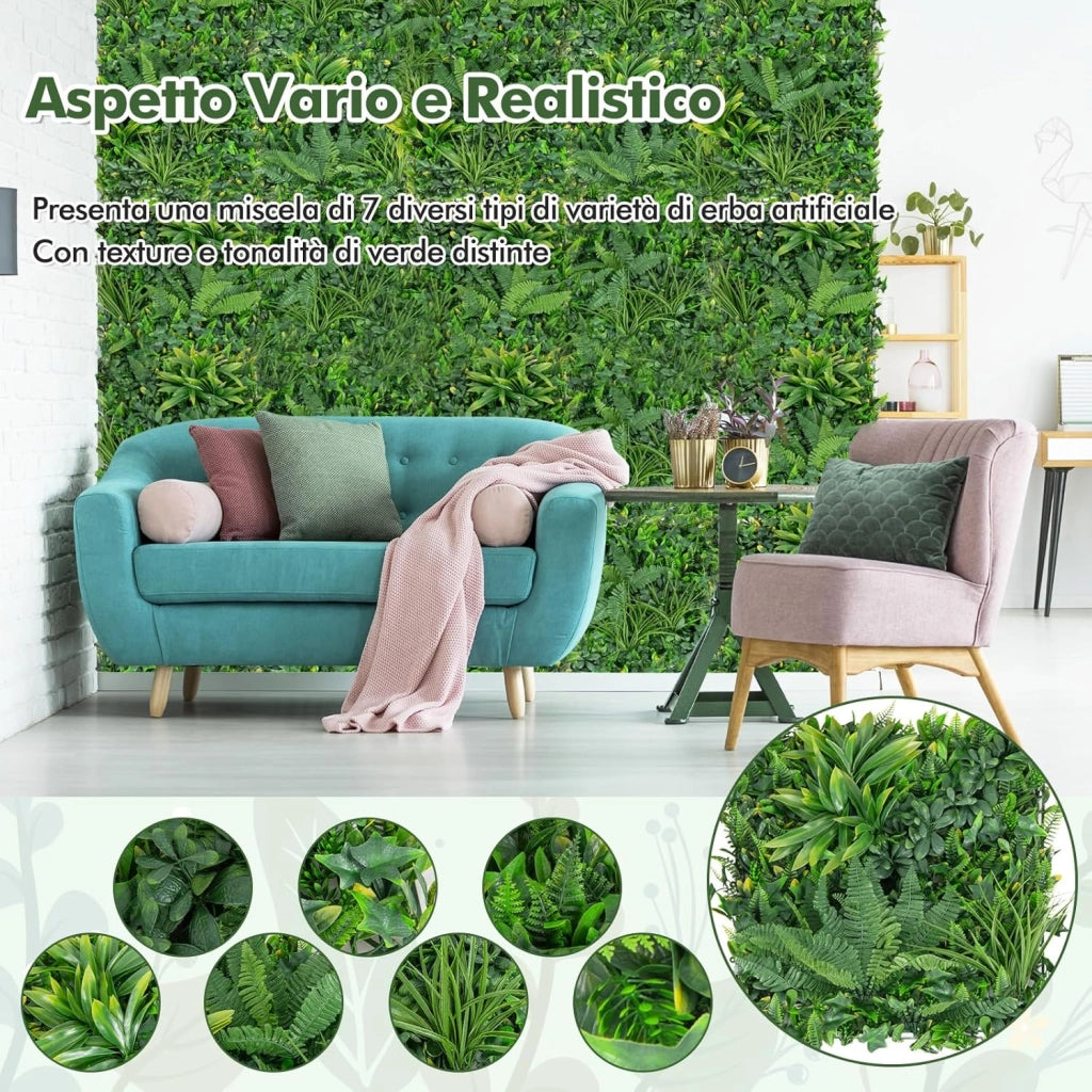Pianta Finta 50 x 50 cm 4 Pezzi, Piante Artificiali da Interno ed Esterno, 4 Tappetini Erbosi Finti con Foglie Diverse per Decorazione da Giardino e Salotto