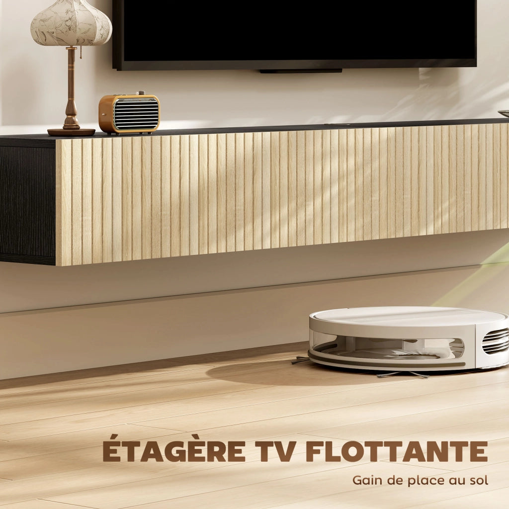 Mobile TV Sospeso per Televisore 72 Pollici ¨C zephmum ¨C Legno Naturale e Nero 140x25x22cm