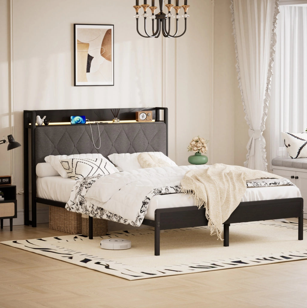 Letto imbottito 140x190 cm con contenitore; LED e USB in lino nero e grigio