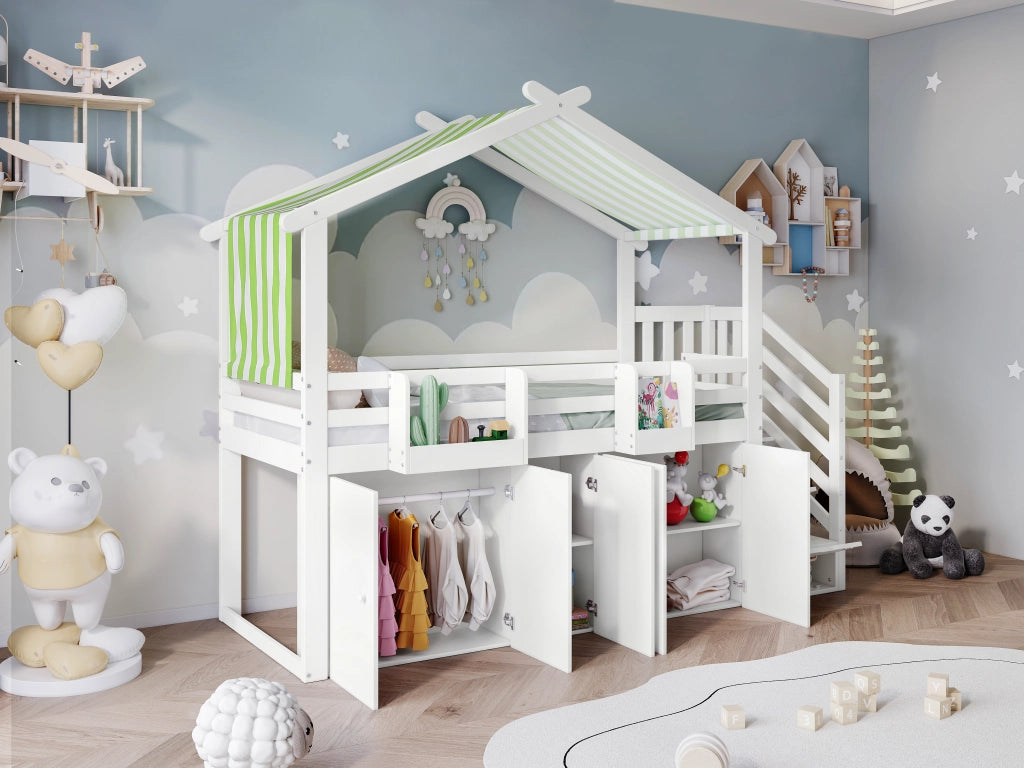 DESMIU Lit a castello bambino 90 × 200 cm con armadio, 2 vani e 3 cassetti, senza materasso, in legno, bianco e verde