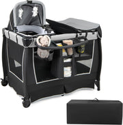 6 in 1 Lettino da Campeggio per Bambini, Culla Viaggio con Materasso, Fasciatoio e Giocattolo, Box Portatile Pieghevole, Ruote Bloccabili, per Banbini 0-3 Anni (Grigio, 105,5 x 73,5 x 77 cm)