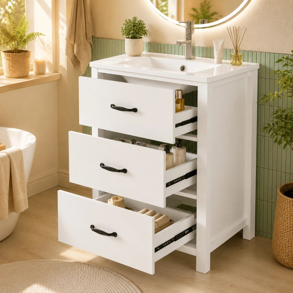 Mobile lavabo con 3 cassetti; lavabo in ceramica integrato; per bagno; bianco; 61 × 47 × 83 cm